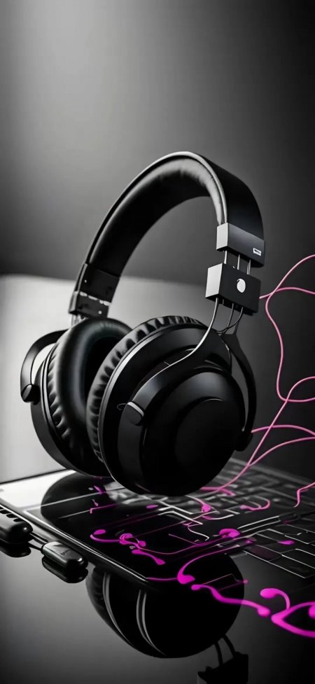 黑耳机粉霓虹音波科技创意手机壁纸