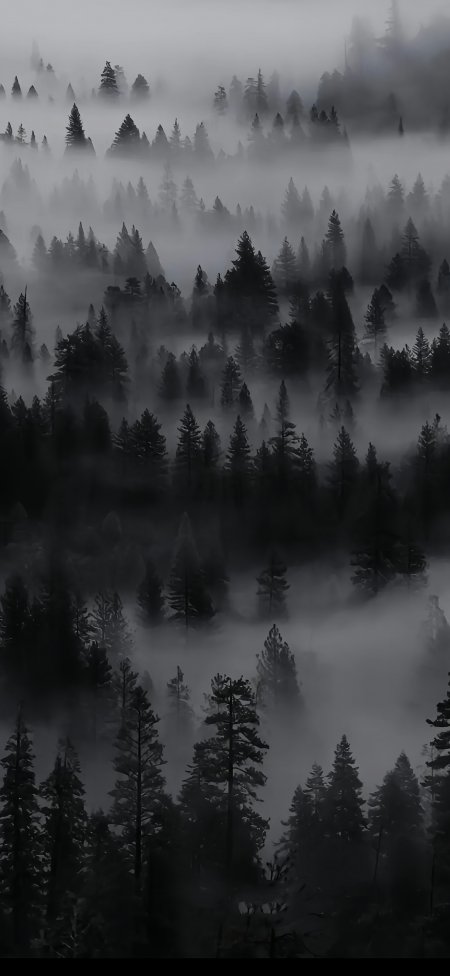 黑白雾中层叠松林神秘风景手机壁纸