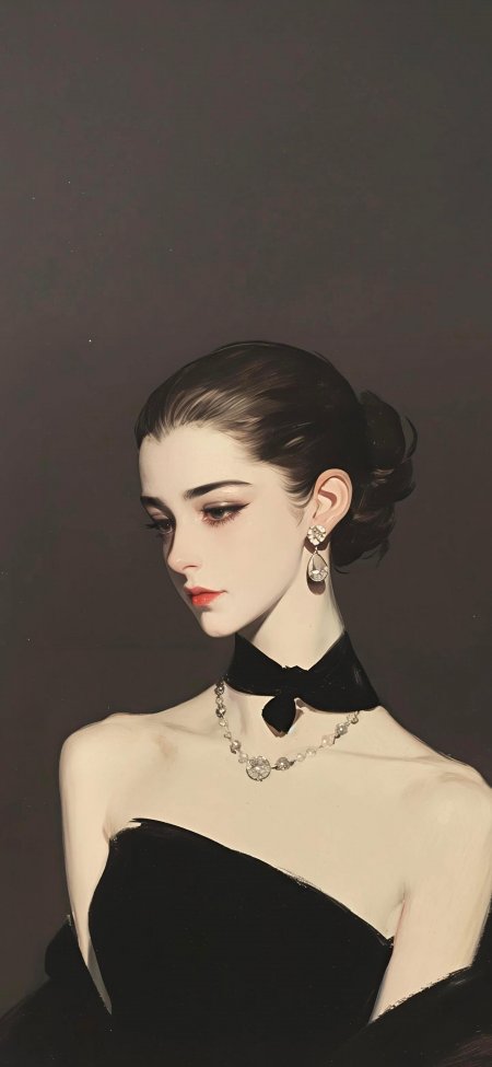 黑裙珍珠项链低眉优雅人像美女手机壁纸