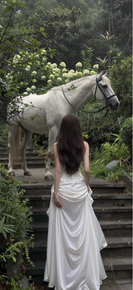 白裙背影白马石阶梦幻美女手机壁纸