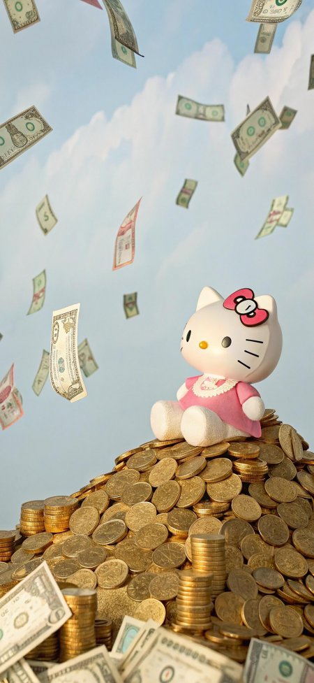 凯蒂猫金币山美元雨财运创意手机壁纸