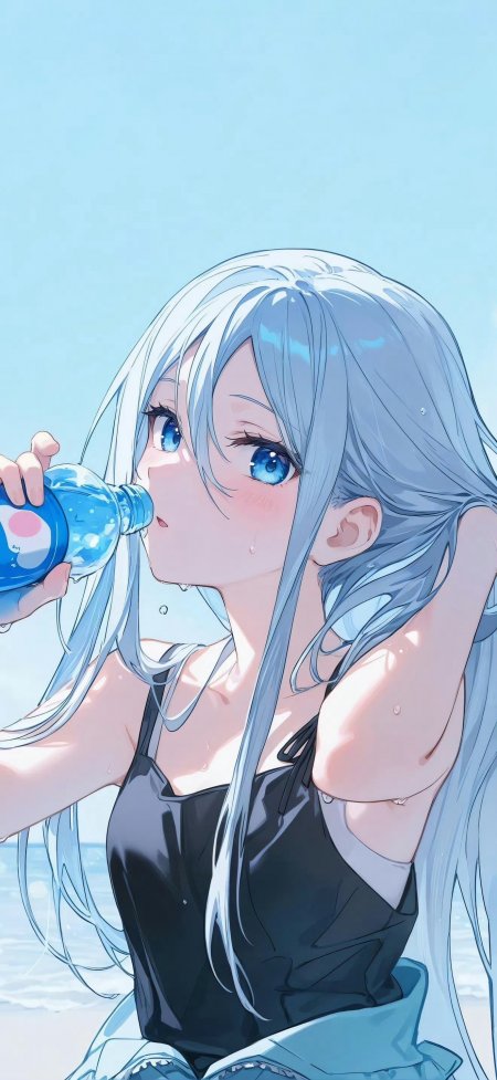 蓝发少女海边饮水夏日清凉动漫手机壁纸
