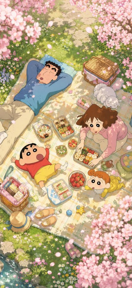 蜡笔小新樱花树下全家野餐动漫手机壁纸