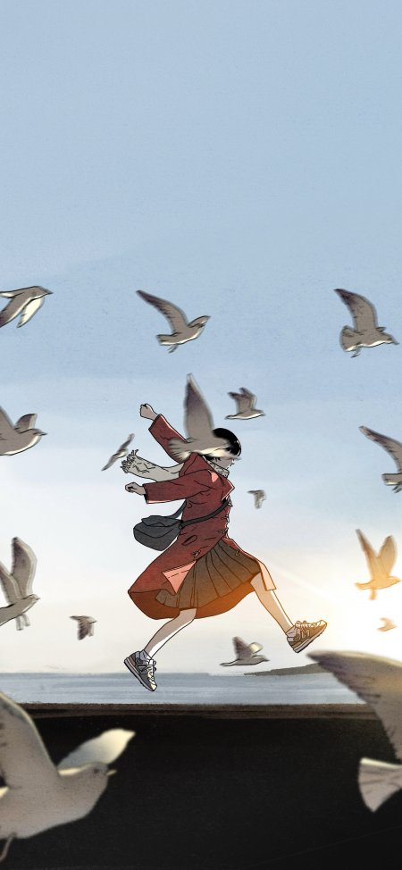 红衣少女海鸥跃起海边治愈动漫手机壁纸