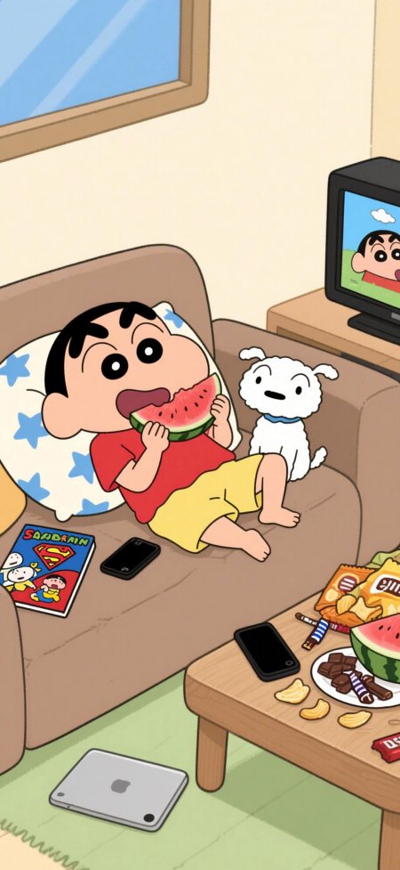 蜡笔小新沙发吃瓜小白陪伴动漫手机壁纸