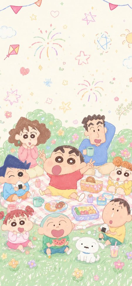 蜡笔小新全家野餐春游治愈动漫手机壁纸
