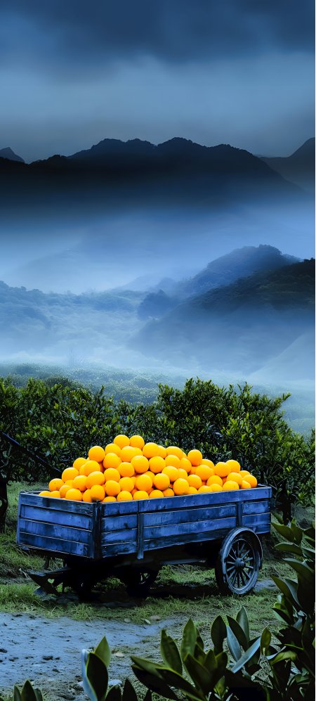 蓝木车满载鲜橙雾山丰收风景手机壁纸