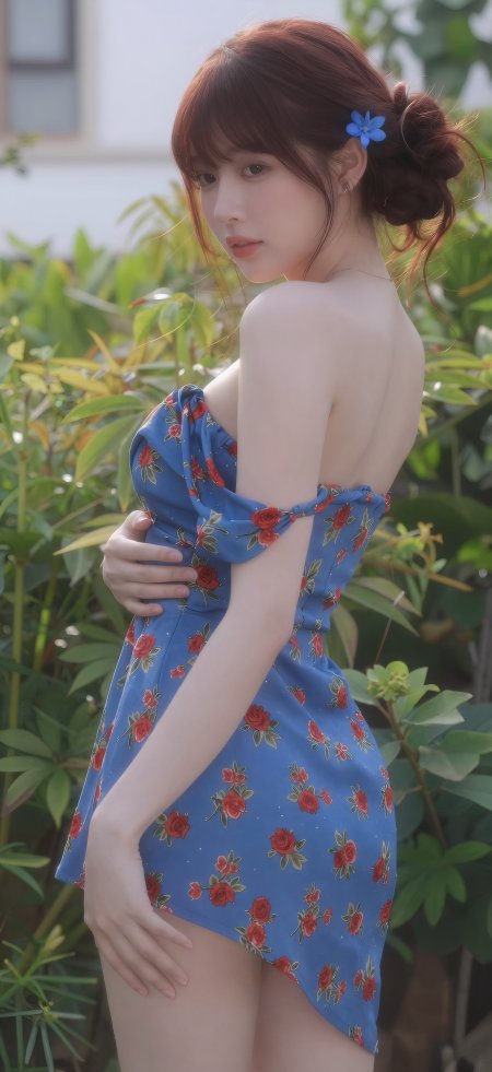 蓝碎花裙红发盘发回眸美女手机壁纸
