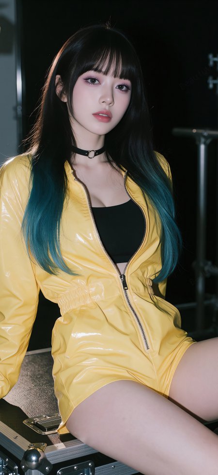 亮黄连体衣蓝发尾暗调美女手机壁纸