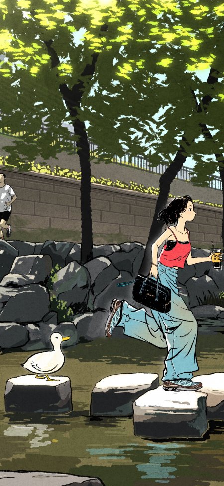 红衣少女溪石跳跃白鸭夏日动漫手机壁纸