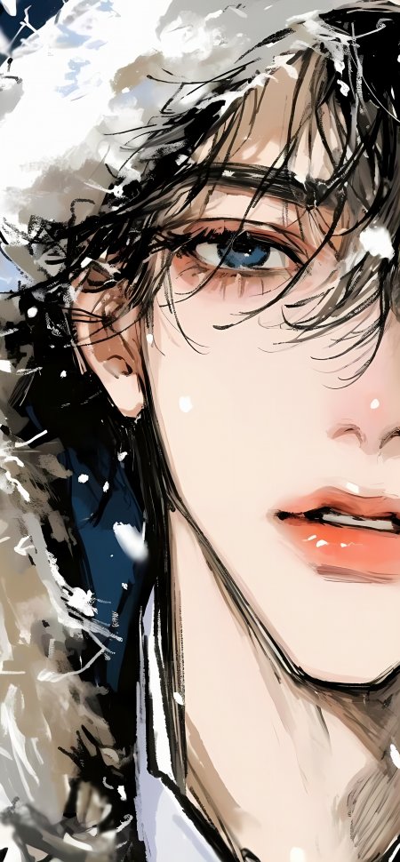 蓝眸少年雪景毛领冬日动漫手机壁纸