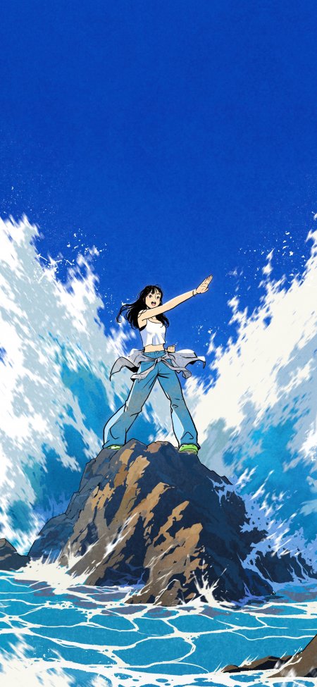 礁石少女巨浪蓝天胜利姿态动漫手机壁纸