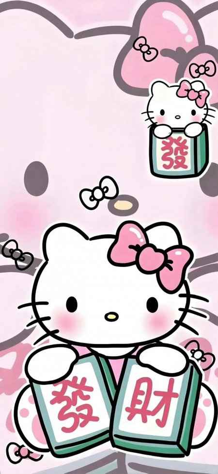 凯蒂猫麻将发财牌粉色动漫手机壁纸