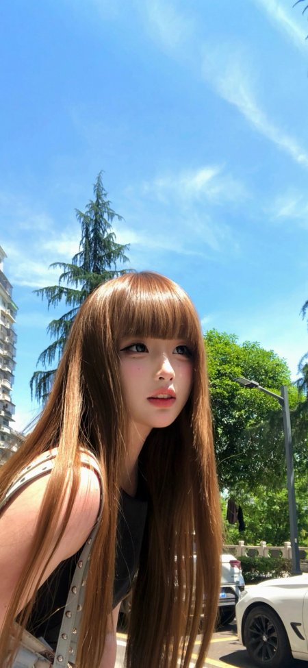 齐刘海棕长发蓝天户外美女手机壁纸
