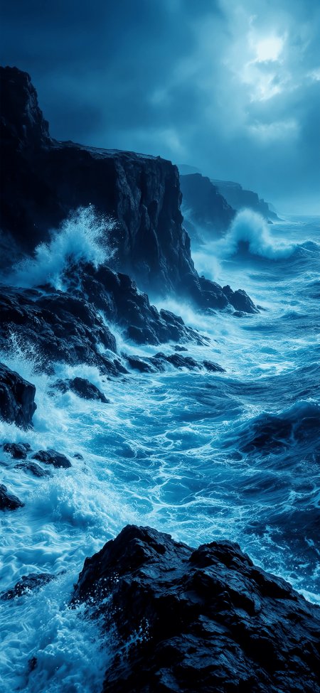 暗蓝礁崖巨浪飞沫夜海壮阔风景手机壁纸
