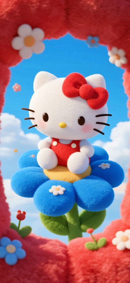 凯蒂猫毛绒蓝花红边框可爱创意手机壁纸