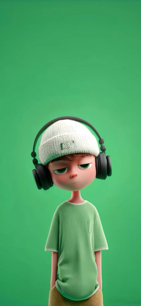 绿底耳机白帽倦意男孩人物手机壁纸