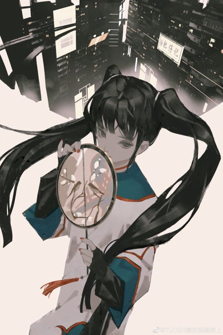双马尾团扇夜城少女赛博动漫手机壁纸