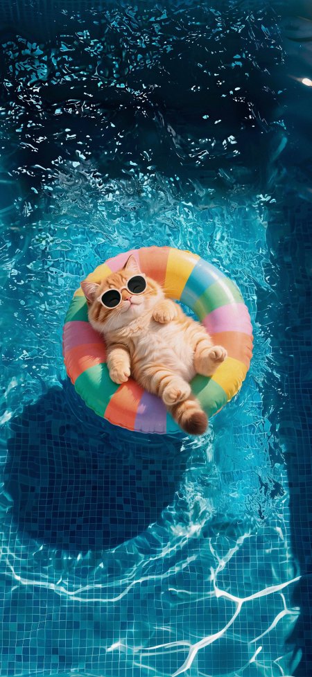 墨镜橘猫泳池泳圈夏日创意手机壁纸