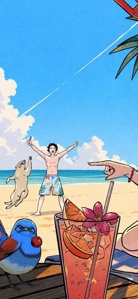 夏日海滩少年金毛欢呼度假动漫手机壁纸