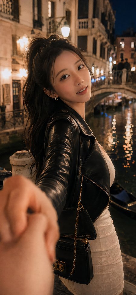 威尼斯夜运河皮衣牵手美女手机壁纸