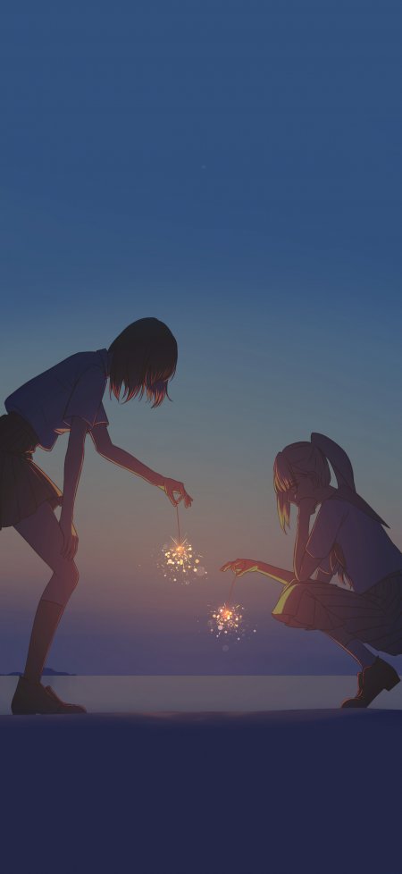 夏夜海边JK少女烟花火治愈动漫手机壁纸