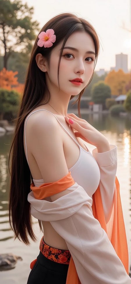 夕阳湖畔花发夹回眸美女手机壁纸