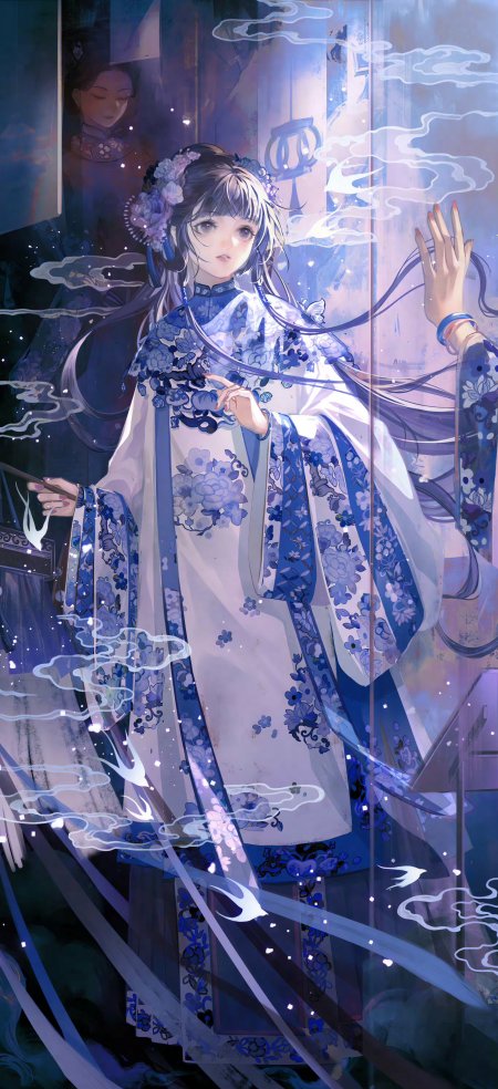 青花瓷国风少女白鸟云雾动漫手机壁纸