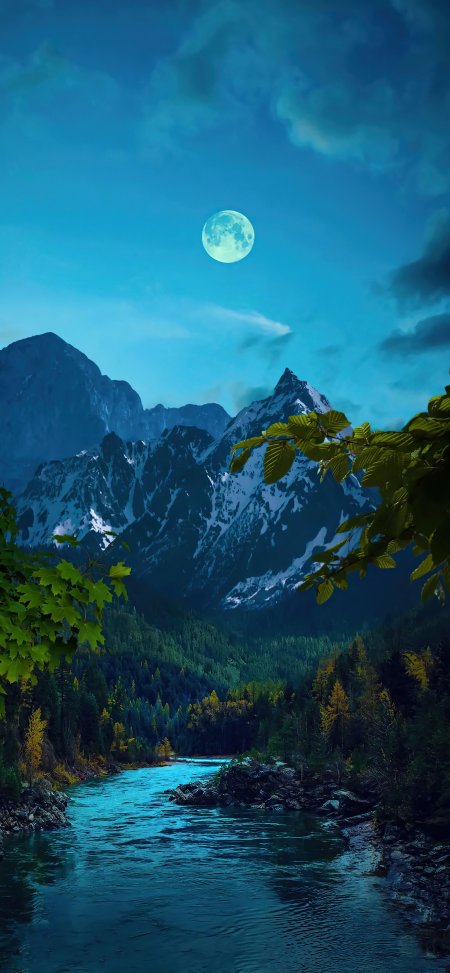 满月雪山蓝河冷调夜景静谧风景手机壁纸
