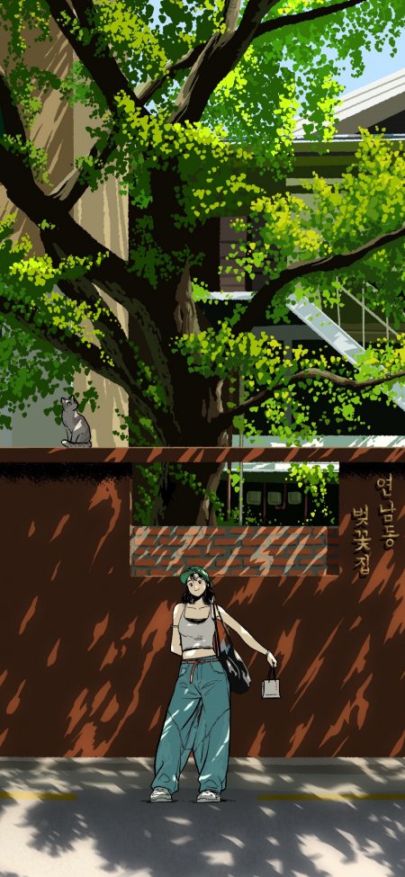 树荫光影少女绿帽街角猫咪动漫手机壁纸
