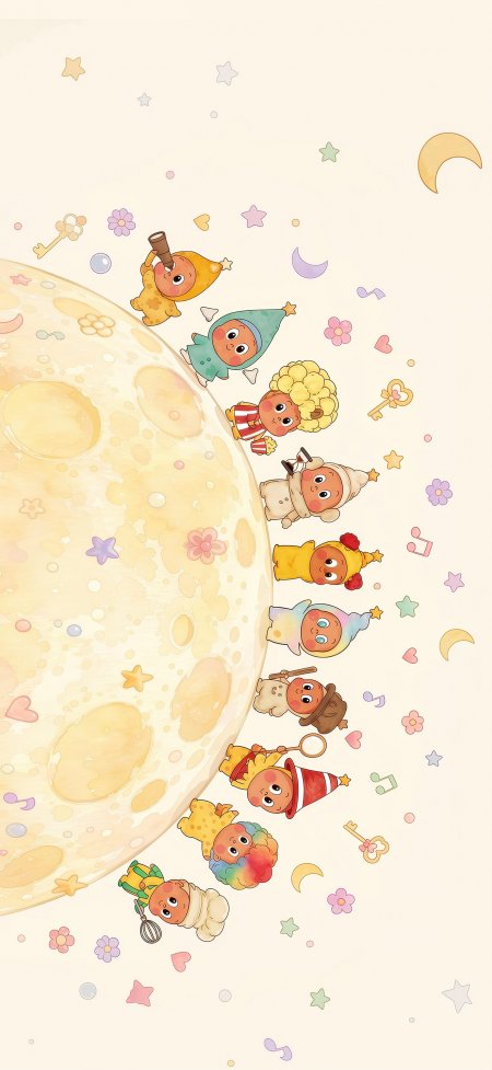 月球上十个萌宝排队站立创意手机壁纸