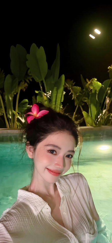 泳池夜景粉花白衬衫笑美女手机壁纸