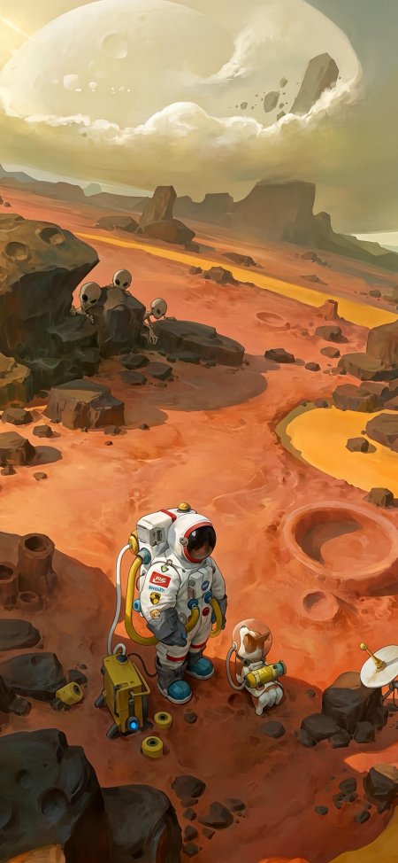 宇航员橘猫火星探索科幻插画创意手机壁纸