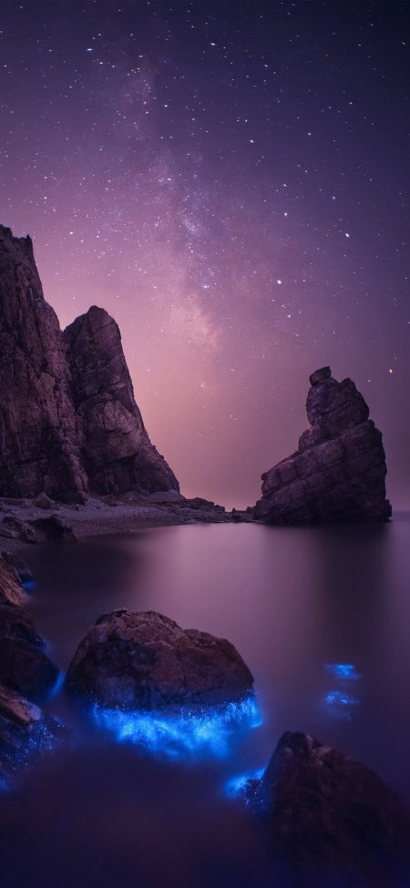 紫夜星空海岸蓝光浮游梦幻风景手机壁纸