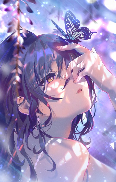 紫藤金瞳少女蓝蝶光影动漫手机壁纸