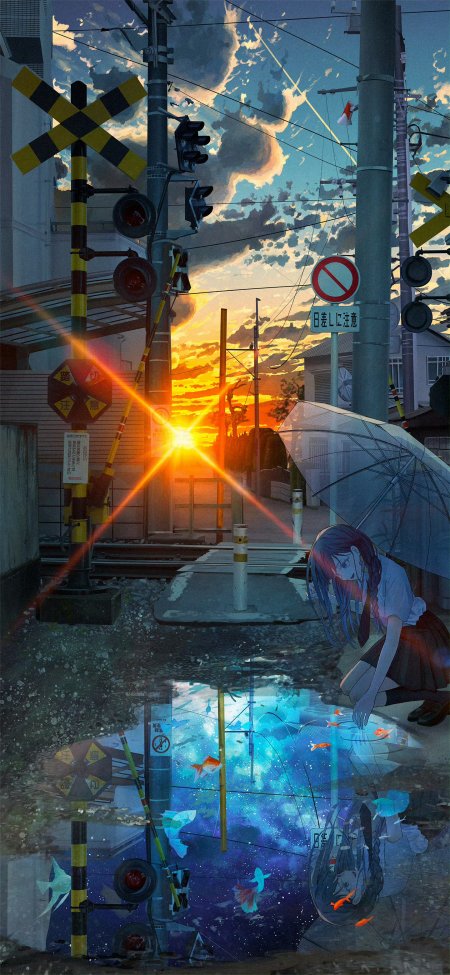 铁道路口少女水洼金鱼夕阳动漫手机壁纸