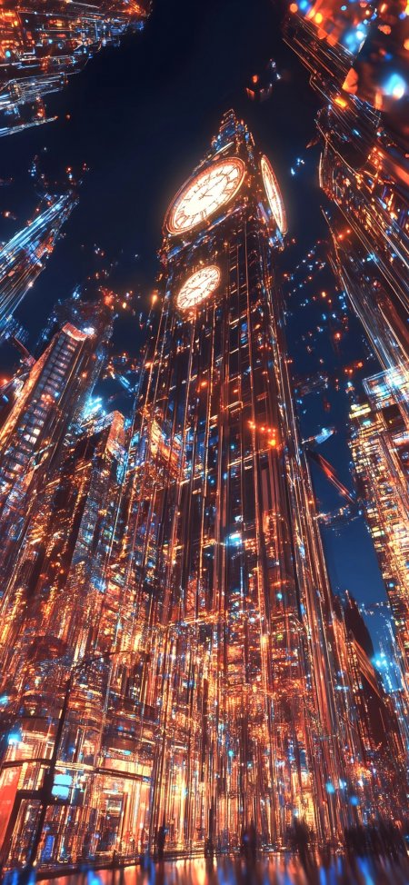 赛博朋克钟楼橙蓝光轨夜景创意手机壁纸