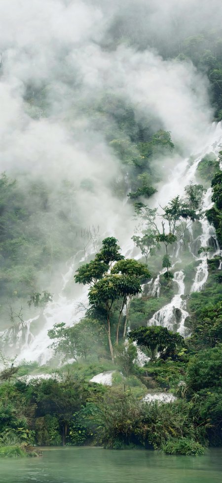 雾中层叠瀑布翠林碧潭治愈风景手机壁纸
