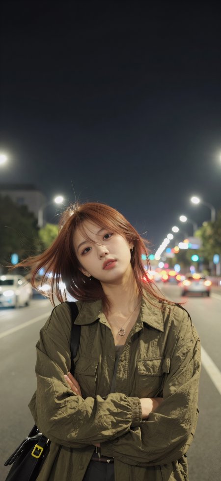 夜路风吹棕发军绿外套街拍美女手机壁纸