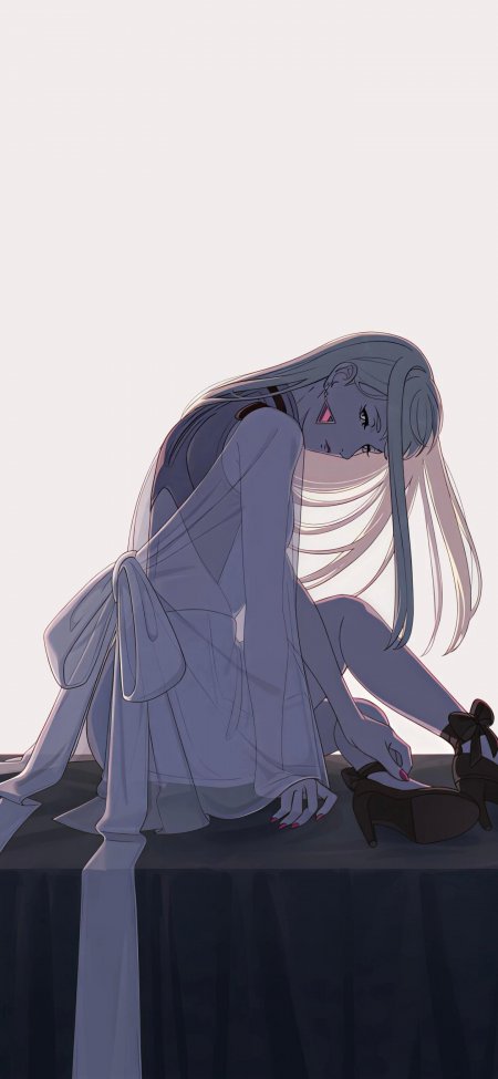 银发少女回眸透明纱裙坐姿动漫手机壁纸