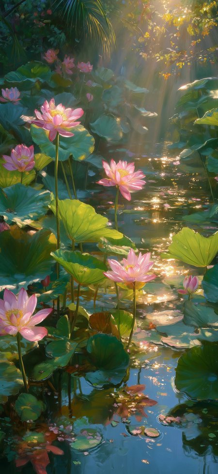 阳光荷塘粉莲绿叶插画梦幻风景手机壁纸