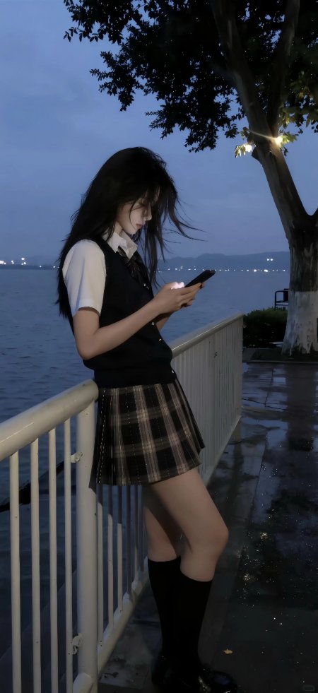 夜色湖边JK制服看手机美女手机壁纸