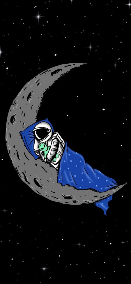 宇航员月牙上抱绿外星酣睡创意手机壁纸