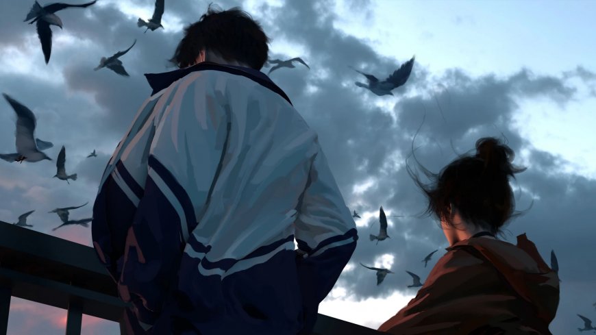 海鸥阴天情侣背影治愈二次元动漫电脑壁纸
