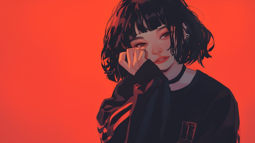 红底短发忧郁少女二次元动漫电脑壁纸