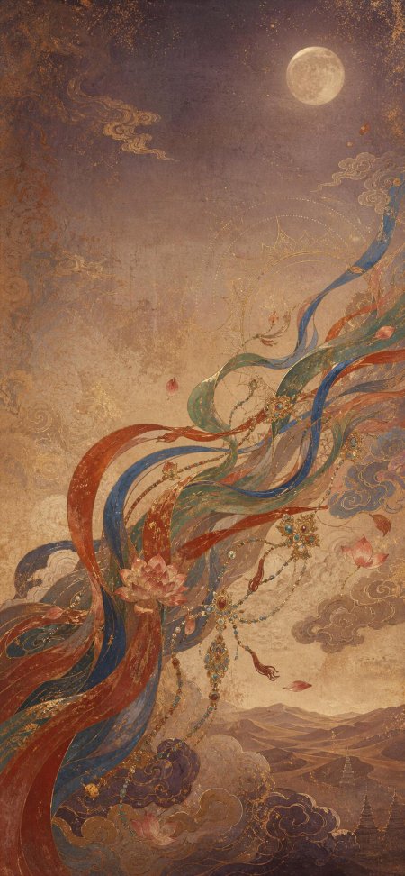 敦煌飞天绸带莲花明月创意手机壁纸