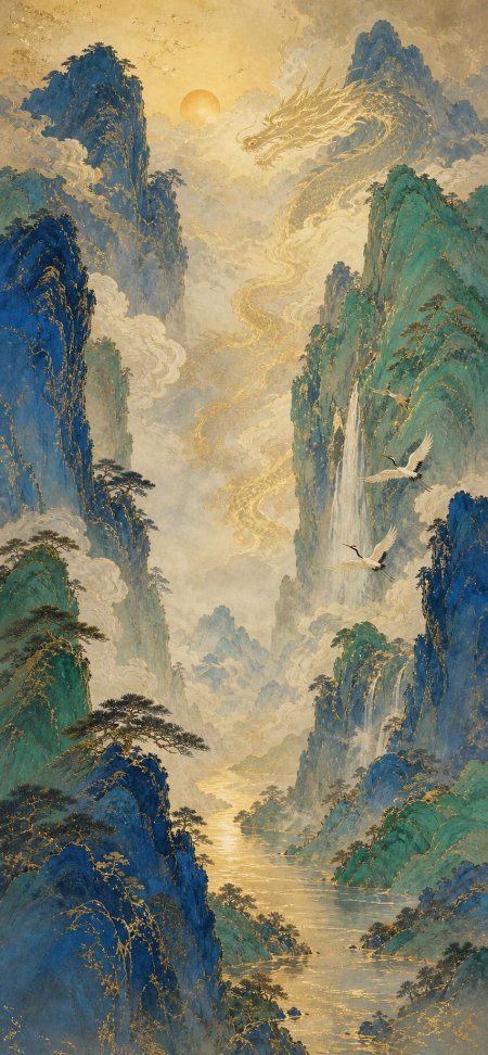 国风青绿山水金龙仙鹤风景手机壁纸