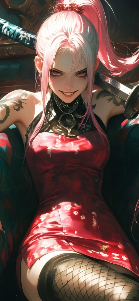 粉发少女持刀红裙酷飒纹身动漫手机壁纸