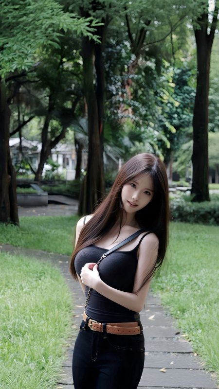 公园绿意长发黑背心气质美女手机壁纸