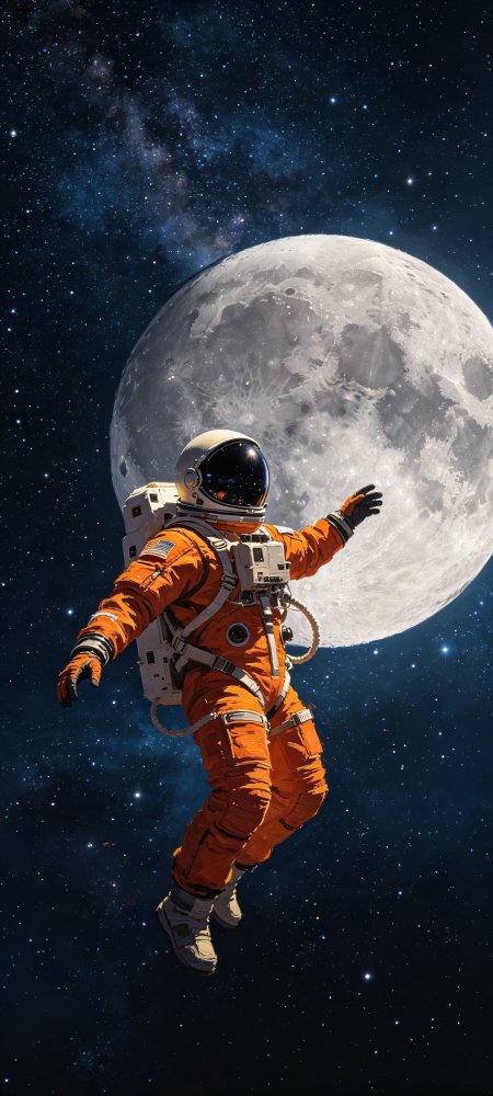 橙色宇航服漂浮月球星河科幻创意手机壁纸